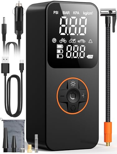 Compressore Aria Portatile, 150 PSI (10,3Bar) Mini Compressore Portatile con Arresto Automatico & LED, Inflazione Rapida, Batteria 6000mAh, USB-C, Gonfiatore Elettrico per Auto/Moto/Bici/Palla, Nero