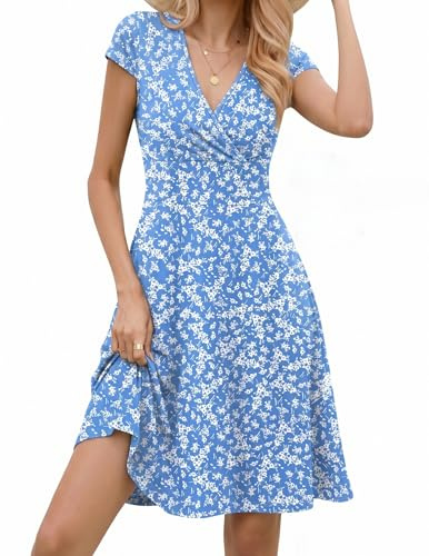 Zeagoo Vestito da Spiaggia da Donna Maniche Corte Scollo a V Abito Estivo da Cerimonia Vestito a Fiori Mini Blu Bianco M