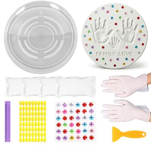 Handavtryck trappstensset 34 × 34 × 4 cm kviltad stensats med bokstavsstämplar och dekorativa stenar gipsavtrycksset familj trädgårdssten gör-det-själv för enkel-, dubbel- eller familjens handavtryck