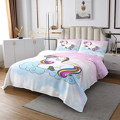 Colcha de Unicornio Galaxia Conde Unicornio arcoíris para niños y niñas, Juego de edredón Exterior Colorido para de Cuentos de Hadas, de Cama de 3 Piezas Dobles