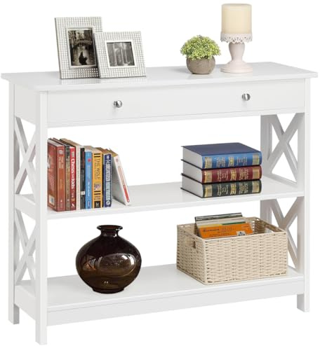 Yaheetech Mesa Consola Recibidor Mueble de Entrada Estrecha Clásica con Cajon Grande Mesa Auxiliar para Pasillo Comedor Blanco 100x30x80cm