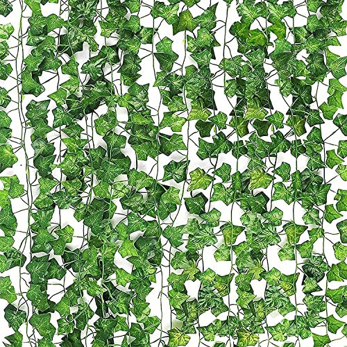 Uootach Lot de 12 guirlandes de Lierre artificielles, Plantes suspendues artificielles décoration Murale Faux Lierre, Guirlande Vigne pour Salon, Chambre, Jardin, mitoyen