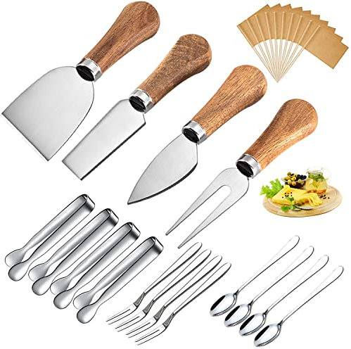 Linwnil Cheese Knives Set with Wooden Handle, Mini Steel Stainless Cheese Knife Set for Charcuterie and Cheese Spread Mini Serving Tongs Spoons Forks Toothpick Flags for Party Wedding Christmas