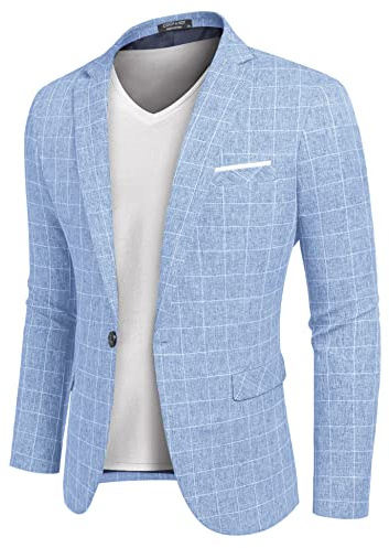 COOFANDY Men's Blazer Casual Sport Coats Slim Fit One Button Suit Jacket Lightweight Sports Jacket (Plaid Blazer - Sky Blue,Large)