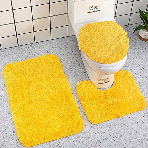 Reyox Badvorleger Set 3 Teilig, Weiche Hochflor Badematte rutschfest, Mikrofaser Flauschig Badteppich für Toilett WC Badezimmer Gelb 3 STK