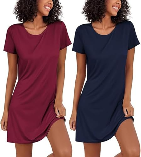 Ekouaer Nattlinne damer, tvådelad sovskjorta, kortärmade nattkläder, sovskjorta, lätt sovtröja, 2-pack, S–XXL, Marin+vinröd, M