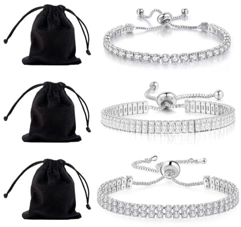 6 Pcs Zirconia Tennis Bracelets Set, with Black Velvet Jewellery Pouches, Adjustable Sparkle Diamond Bracelets, Classic Gift for Ladies