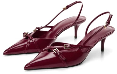 MICIFA Slingback Kitten Heels for Women Pointed Toe Stiletto Heels Slip On Pumps with Buckled Straps Dress Work Pumps Shoes, 1-burgundy, 4.5 UK