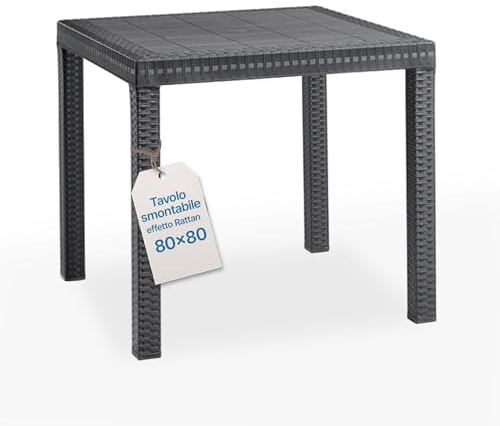 Tomaino - Tavolo da giardino in plastica, quadrato per esterno effetto Rattan, 4 posti, pranzo, bar, balcone (Nero)