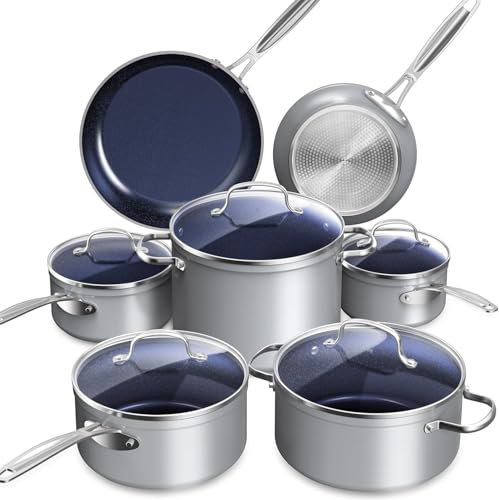 Nuwave Ollas Cocina 12 Piezas G10 Cerámica de Duralon Blue, Bateria de Cocina con Tapa, Ollas Induccion, Juego de Ollas 24cm, Batería Cocina, Juego de Ollas y Sartenes, Seguro y libre de PFAS