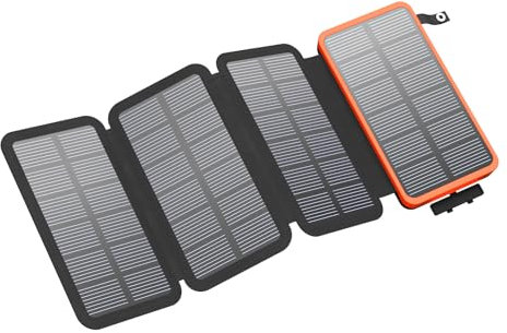 FEELLE Cargador Solar Power Bank 25000mAh, Batería Externa con Doble Salida USB de 3,0 A y 4 Paneles Solares Plegables Cargador Portátil para Smartphone, Tablet y Más (Naranja)