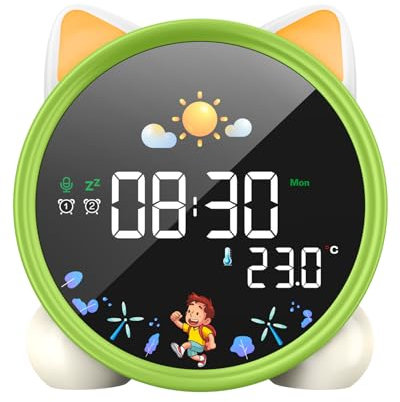 LEMNOI Sveglia per bambini, con 3 livelli di luminosità regolabili, 5 tipi di luci, 7 brani per il sonno, sveglia ricaricabile con funzione snooze per bambini, Con display della temperatura