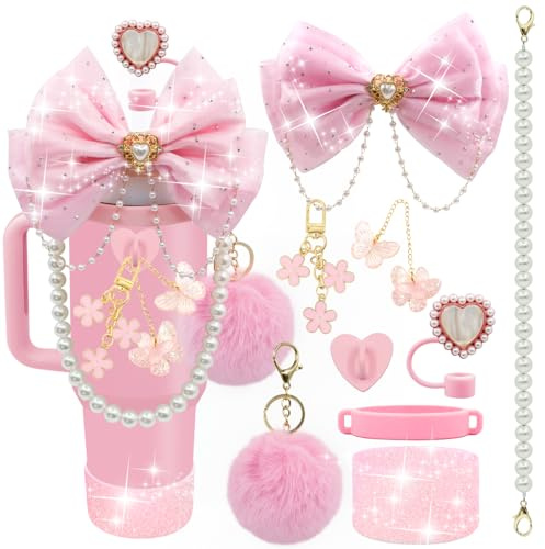 LBU Bling Stanley Cup Accessories for 40/30/20 oz Tumbler with Handle Including Glitter Bow Straw Topper, Heart Straw Cover, Pearl Water Bottle Handle Strap, Boot, Pom-Pom, Keychain Charms(Pink)