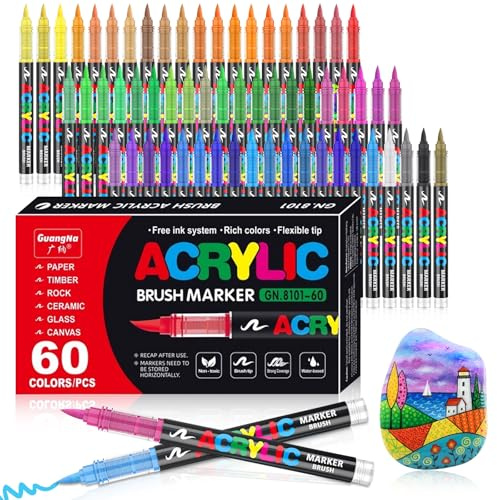 VAKKI Pennarelli Acrilici, 60 Colori Pennarelli Acrilici Acrylic Marker Brush pen per Dipingere Sassi, Tessuti, Metallo, Vetro, Legno, Tela, Ceramica, Plastic, pennarelli per colorare adulti (60)