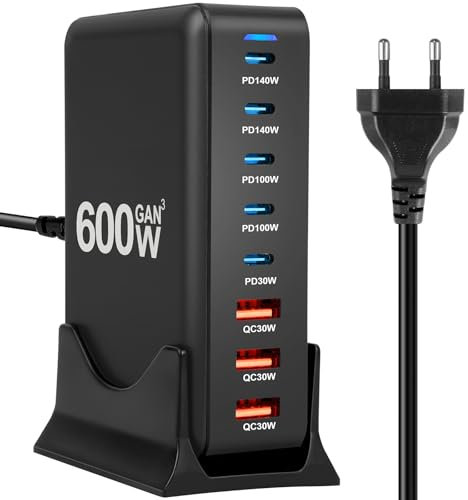 AXFEE 600W Caricatore USB C, 8 Port Stazione di Ricarica Multipla GaN PD3.0, Caricatore Rapido 600w, Portatile Caricabatteri, per iPhone, iPad, Samsung, Huawei, Google Pixel