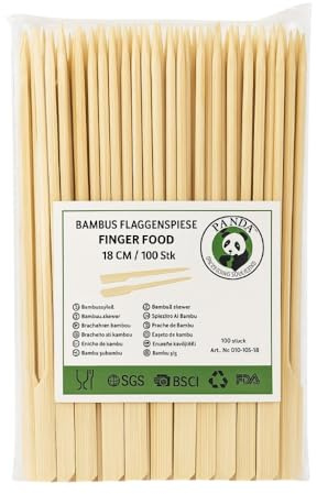 Commerline 100 stycken fingermat, 18 cm träspett av bambu, cocktailspett för minihamburgare och smörgås, bambuspett för mellanmål och marshmallow, kebabspett trä