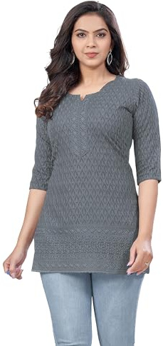 Ladyline Women's Rayon Chikankari Embroidered Tunic Top | Schiffli Embroidery Chikan Work Blouse | Short Kurti Kurta