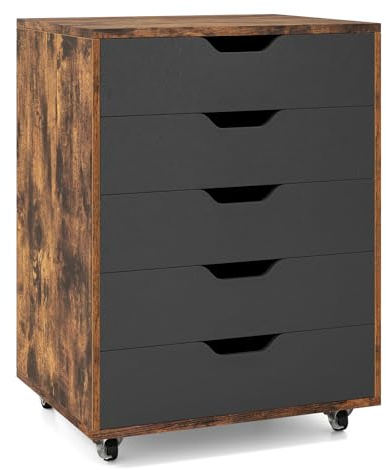 GIANTEX Rollcontainer mit 5 Schubladen, Aktenschrank mit Rollen, Schubladenschrank Holz unter Schreibtisch, Druckertisch für Zuhause & Büro (Schwarz + Braun, 49 x 40 x 65 cm)