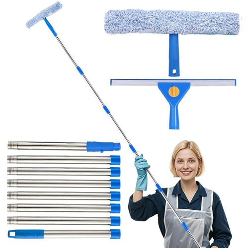 Window Cleaning Equipment, 10Ft (3m) Window Cleaner Kit with Extension Pole, 2 in 1 Window Squeegee & Scrubber Cleaning Combo, Window Cleaning Kit for Indoor/Outdoor High Window, Shower Glass, Car, RV