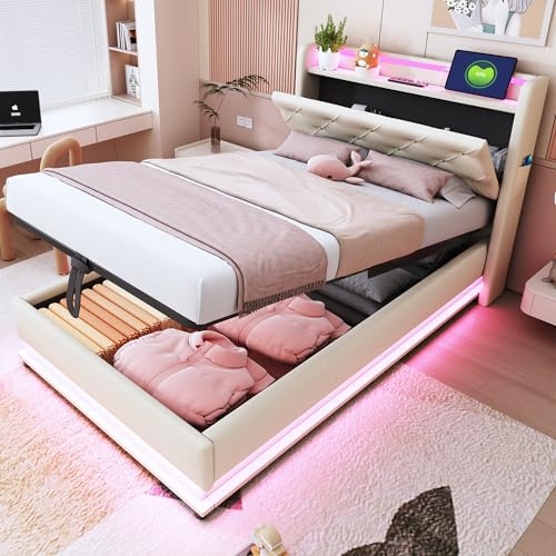 Oslghy Letto Imbottito 90x200 cm, Letto Singolo per Bambini con LED Luci e USB Porta, Modern Struttura del Letti Idraulico con Contenitore Testiera, Tasca e Rete a Doghe, Lino,Senza Materasso (Beige)