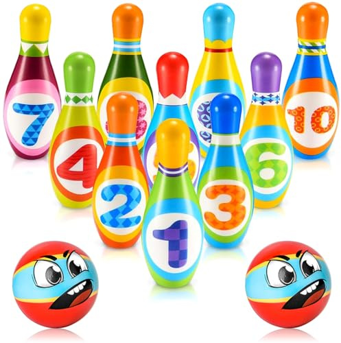 Bowling Set Kids, Educational Bowling Set with 10 Bowling Pins and 2 Balls, Skittles Game for Kids Early Development Indoor, Outdoor Games Set, Montessori Toy for 3-6 Year Old, Children's Gifts