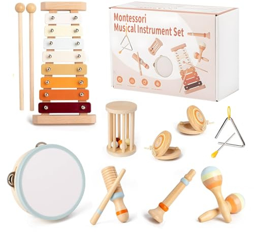 Maraiss Wooden Musical Instruments Set for Kids, 10-Piece Natural Percussion Toys with Xylophone & Maracas, Montessori Baby Musical Toys for Toddlers 1-3 Years, Early Learning Sensory Development Gift