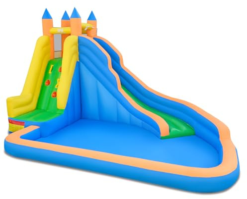 COSTWAY Castello Gonfiabile per Bambini, 3 in 1 Giochi Gonfiabili con Scivolo, Piscina e Parete di Arrampicata, Parco Acquatico da Esterno per Giardino e Prato, per Bmbini 3-12 Anni