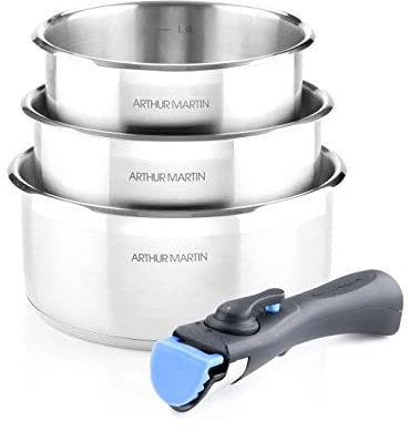 ARTHUR MARTIN - Set de Cacerolas de Cocina de 4 Piezas en Aluminio Forjado, Cacerolas Apilables, Revestimiento Antiadherente, Mango Extraíble, Compatible con Todas las Fuentes de Calor, 16/18/20 cm