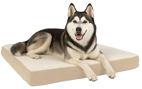 Orthopedic Dog Bed - 2-Layer Memory Foam Crate Mat with Machine Washable Sherpa Cover - 44x35 Pet Bed for Large Dogs up to 100lbs by PETMAKER (Tan)
