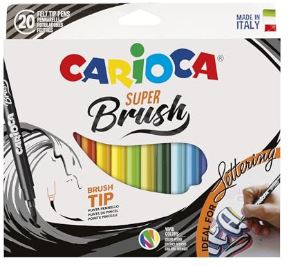 CARIOCA Pennarelli Super Brush, Pennarelli Colorati con Punta a Pennello, Punta Morbida e Flessibile, Ideali per Disegni Calligrafici, Lavabili, Colori Assortiti e Super Brillanti, 20 Pezzi
