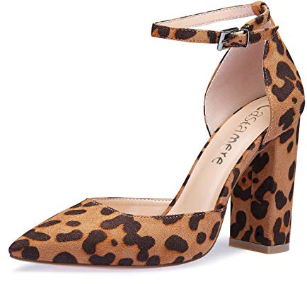 Castamere Femme Bride Cheville Sandales Bout Pointu Carré Bloc Talon Escarpins 10CM Marron Léopard Suède Chaussures EU 39