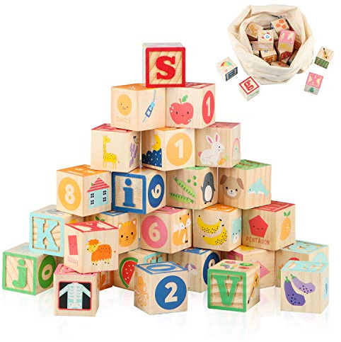 Joqutoys ABC Wooden Building Blocks for Toddlers 1-3 Large, 26 PCS Alphabet & Number Stacking Blocks, Educational Learning Toys for Boys Girls Kids Gifts 1.65''