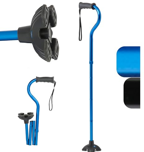 Medline Offset Folding Cane, 4-Point Base With Cushioned Gel Handle, Supports Up To 350 lbs, Blue