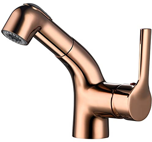 Lavatory Pull Down Vessel Sink Faucet, Biveah Brass Single Handle hot and Cold Water Basin Mixer Tap for Bathroom Sink, Rose Gold, KLB016RG