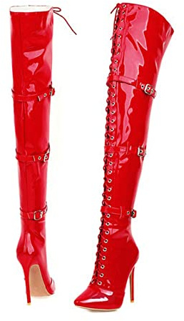 GAOword Stivali da Donna 15CM Stivali con Tacco Alto in Pelle Verniciata con Lacci da 8 Pollici Stivali sopra Il Ginocchio Scarpe da Ballo Sexy per Discoteca,Rosso,38 EU