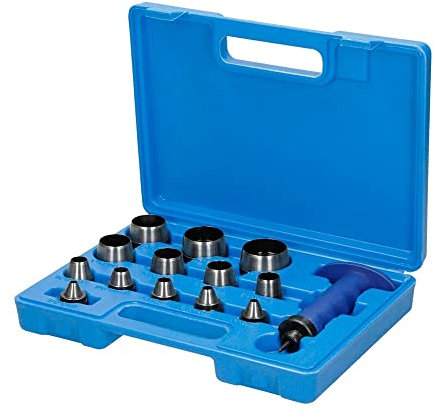 13 in 1 Hollow Punch Set 5-35mm Professional Leather Hole Punch Cutter for Leatherworking Belt Rubber Gaskets Watch Band with Puching Handle in Plastic Case