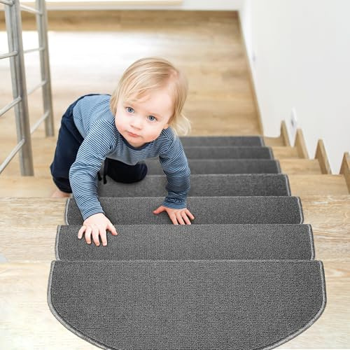 Brielle Stufenmatten Anthrazit für Treppenstufen 15er-Set 65 x 24 cm – rutschfest & selbstklebend, halbrund, Treppenteppich mit Trittschalldämmung, Treppenschutz