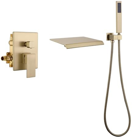 TapLong Waterfall Bathtub Faucet Set with Sprayer, Single Handle Tub Filler with Hand Shower, 3 Holes Contemporary Wall Mount Roman Tub Faucet with Rough-in Valve and Trim Kit, Brushed Gold, 91266BG
