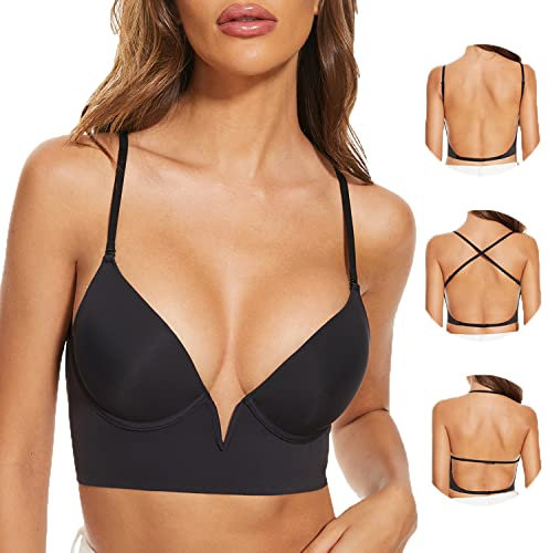 LUNNER'S SECRET Low Back Bra for Women- Underwire Seamless Invisible Backless Bras Convertible Multiway Low Cut Halter Bras (Black, XX-Large)