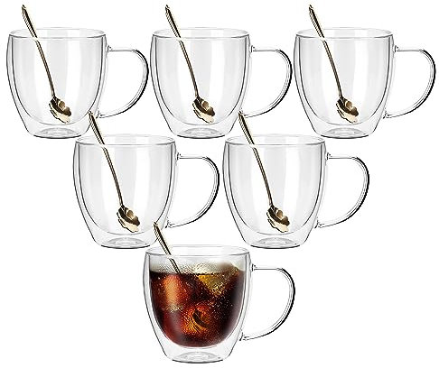 JNSMFC Doppelwandige Cappuccino Gläser mit 6 Löffel und Griff,6er Set 250ml,Doppelwandige Latte Macchiato Gläser groß,Kaffeetassen Glas,Cappuccino Gläser für Kaffee,Espresso,Latte,Tee,Milch,Bier,Eis