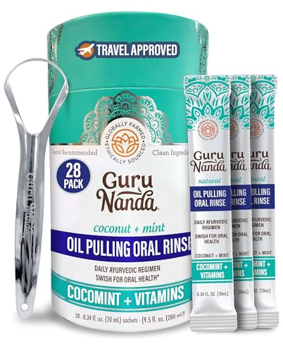 GuruNanda Travel Sachets Coconut Oil Pulling, Fresh Breath Mouthwash, 7 Essential Oils & Vitamins for Happy Teeth & Gums, with Tongue Scraper, 28 Sachets