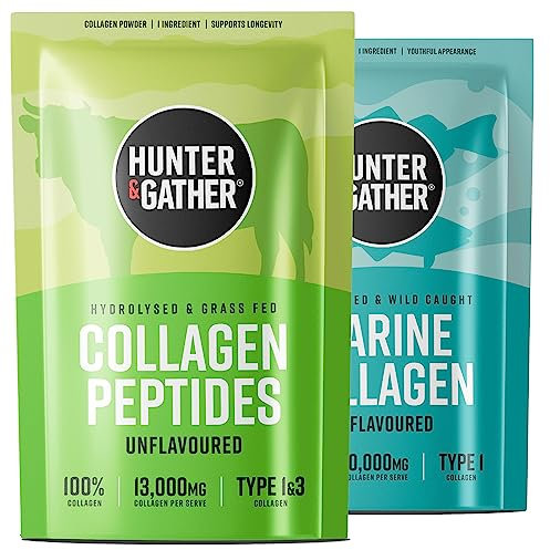 Hunter & Gather Collagen Powder Bundle | Hydrolysed Grass-Fed Bovine Collagen 400g & Wild Caught 300g Marine Collagen for Hair, Skin, Nails and Muscles | Supplements for Men and Women