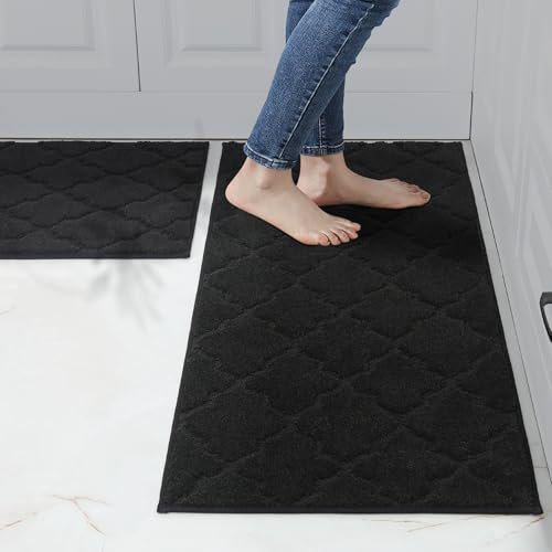 COSY HOMEER Küchenteppich 2 Stück, Teppich Küche Waschbar rutschfest, Küchenläufer, Teppichläufer Flur, Teppich Läufer für Küche, Flur, Wohnraum (50 x 75 cm + 50 x 120 cm, Schwarz)