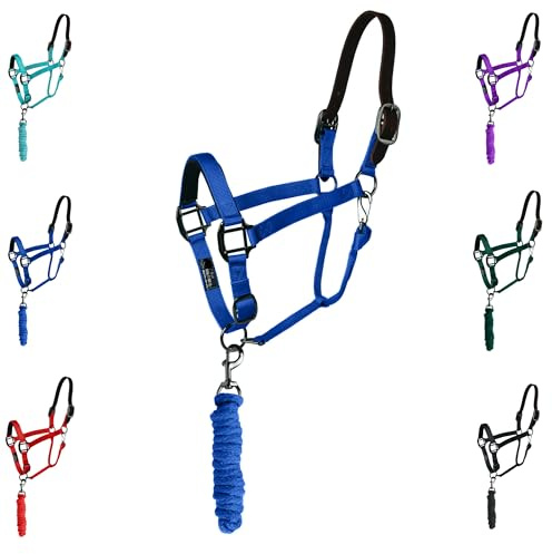 Majestic Ally Cabestro de cuero con cuerda de plomo a juego para caballos, corona separable de cuero, correa de barbilla ajustable, cierre de garganta enrollado, banda nasal acolchada, completo (azul