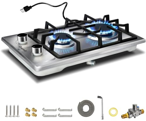 Disaenvir 2 Burner Propane Cooktop - 12 Inch Stainless Steel Gas Stove for LPG/NG Dual Fuel, Portable Gas Burner with Flame-out Protection for Apartment, Kitchen, RV, Indoor, Outdoor 110V Plug in