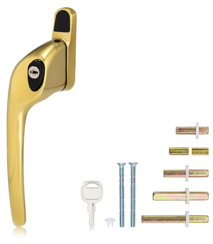XFORT Cranked Locking Window Handle Installation Kit in Polished Brass, Left Hand UPVC Window Handle Replacement, Offset Lockable Window Lever