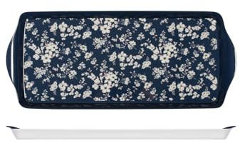 H&H Vassoio in Melamina Blu con Fiori Bianchi, 38x16,5cm