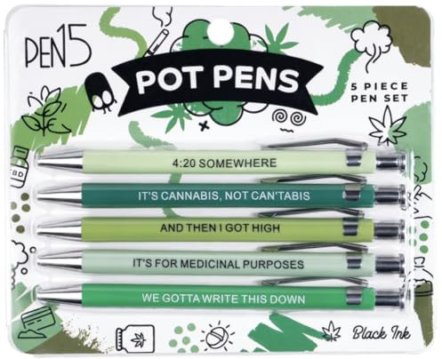 MilkToast Brands Funny Pot Pens 5-Pack Set, Black Ink Ballpoint Pens with Sarcastic Weed Sayings, Gag Gift for Marijuana Smokers, Pothead Gifts for Men and Women, Stoner Accessories, Office Supplies