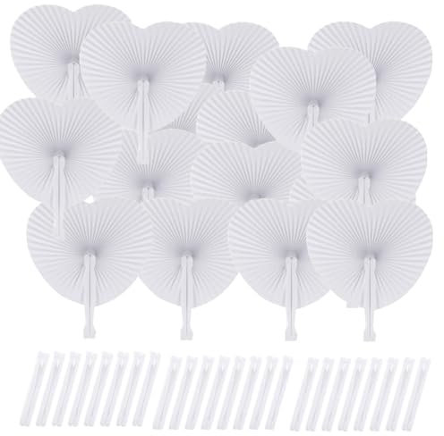 hxaiyouu 24/48Pcs White Heart Paper Fans Round Folding Fan Wedding Fans Chinese Handheld Fans with Plastic Handles for DIY Summer Wedding Birthday Party Favour (24, White)