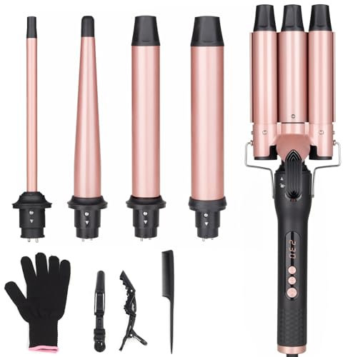 UNOBEY Lockenstab 5 in 1, Lockenstäbe 3 Fässer Welleneisen Set mit austauschbaren Keramik Lockenstab 13-32mm für Große und Kleine Locken, Beach Waves, Temperatureinstellung, Handschuh